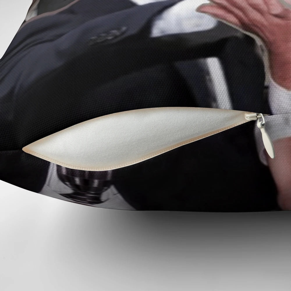 Colorful decorative pillow featuring a caricature of The Office character Michael Scott played by actor Steve Carell