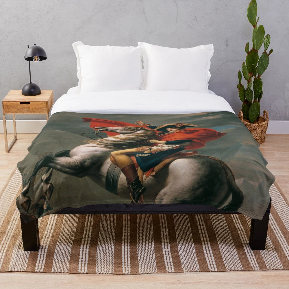 Plush blanket featuring the iconic painting of Napoleon Bonaparte Crossing the Alps by Jacques-Louis David