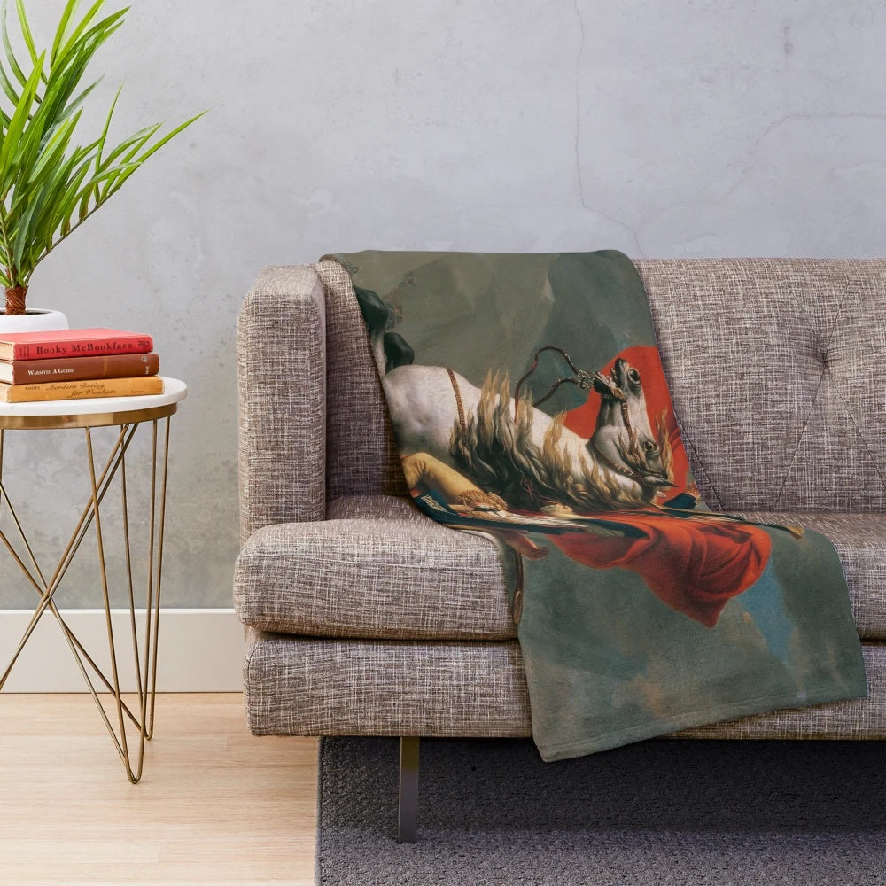 Plush blanket featuring the iconic painting of Napoleon Bonaparte Crossing the Alps by Jacques-Louis David