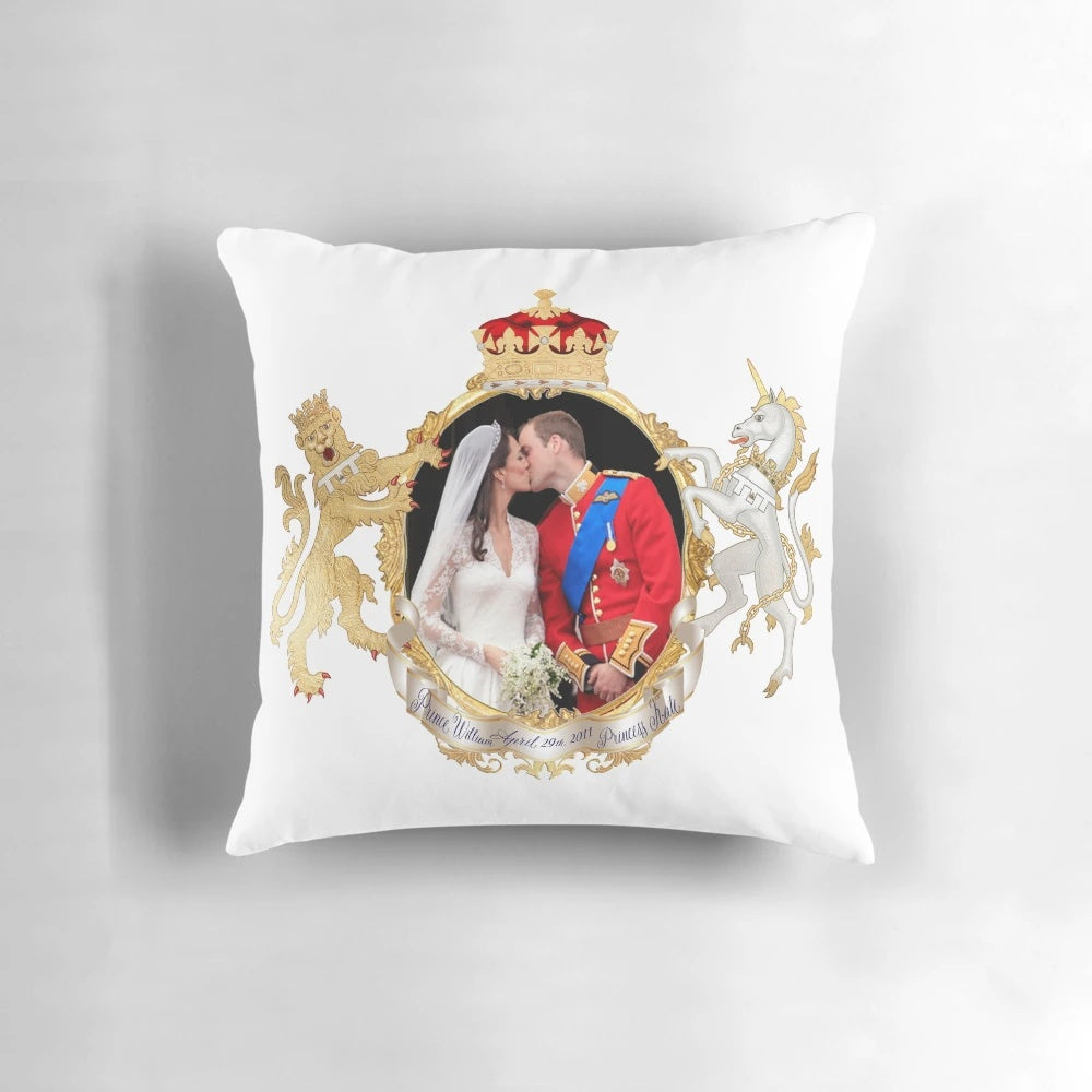Decorative throw pillow featuring the iconic 2011 royal wedding kiss between Prince William and Kate Middleton