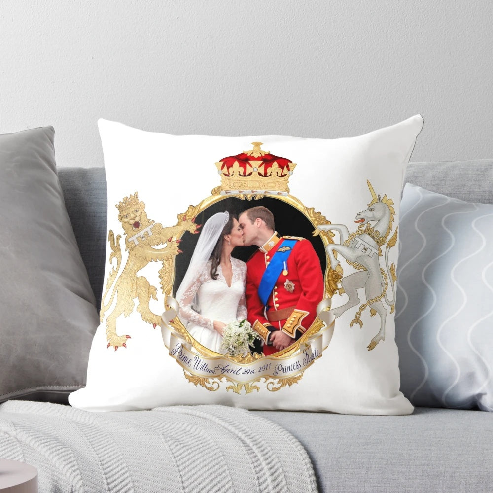 Decorative throw pillow featuring the iconic 2011 royal wedding kiss between Prince William and Kate Middleton