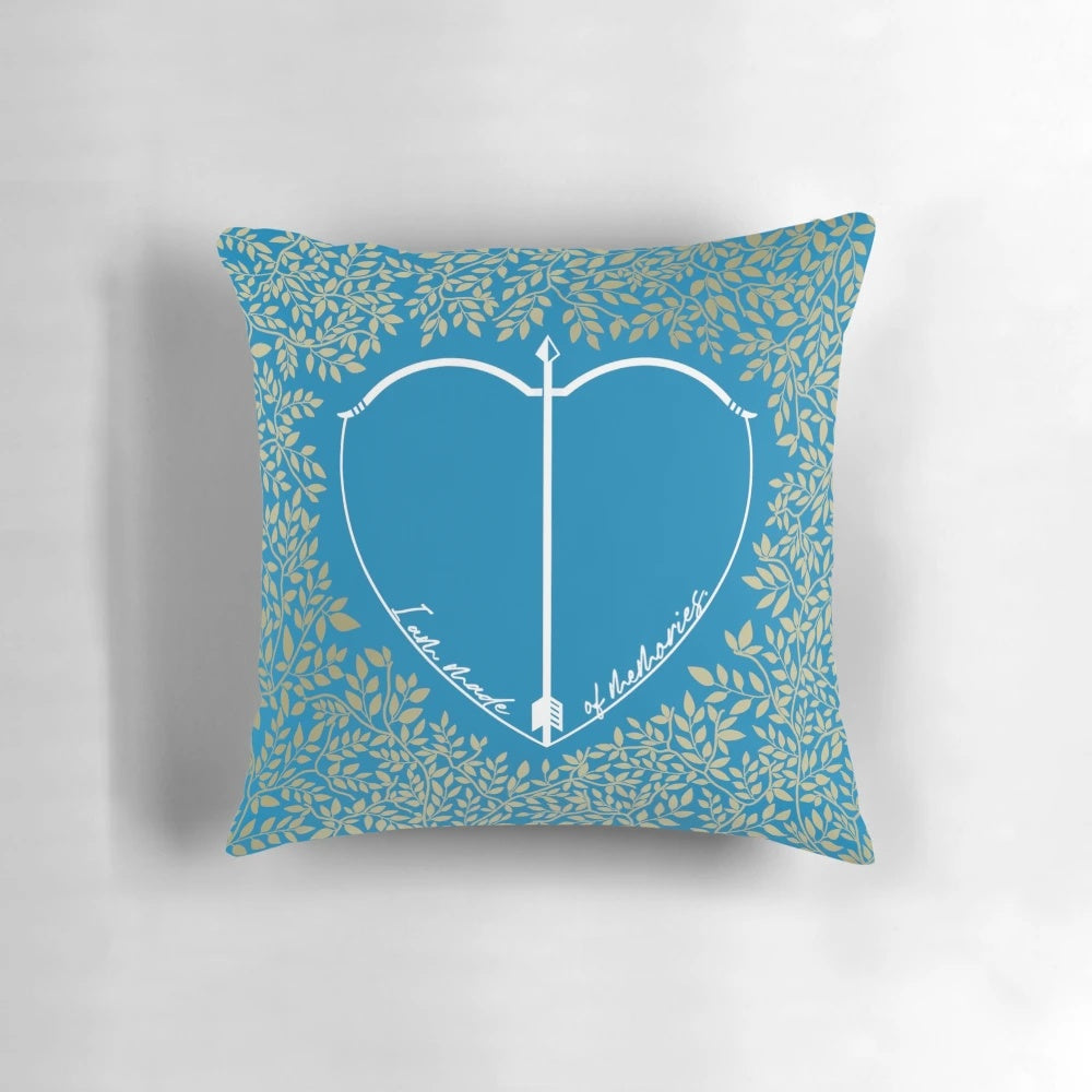 A plush, high-quality pillow featuring the quote "I am made of memories" from the beloved novel 'The Song of Achilles' by Madeline Miller.