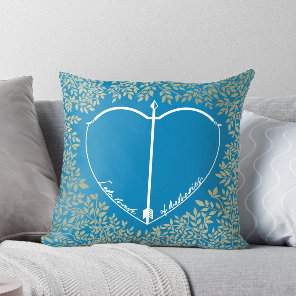 A plush, high-quality pillow featuring the quote "I am made of memories" from the beloved novel 'The Song of Achilles' by Madeline Miller.