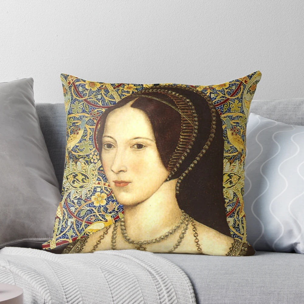 Anne Boleyn, the iconic Tudor queen, featured on a high-quality decorative pillow.
