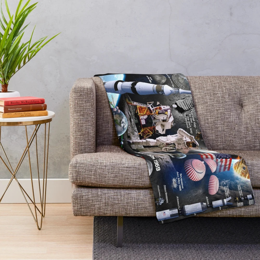 Apollo 11 plush blanket featuring lunar landing and astronaut imagery