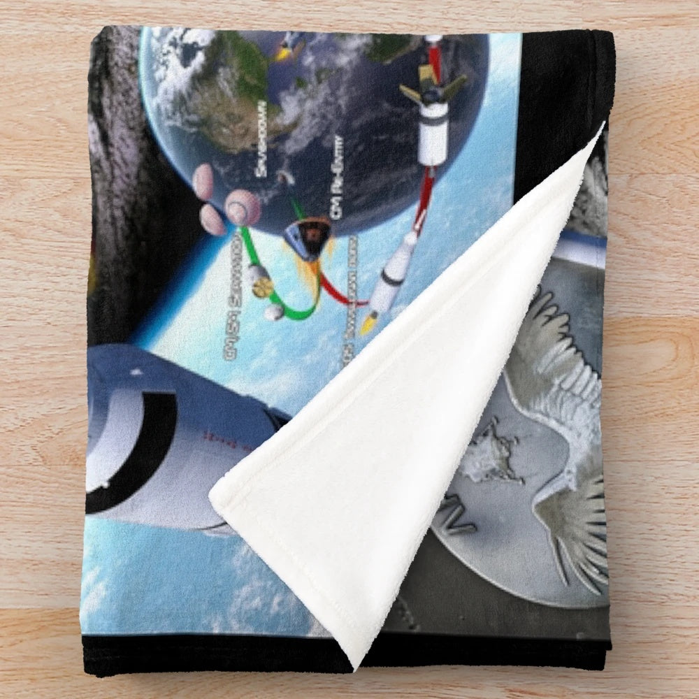 Apollo 11 plush blanket featuring lunar landing and astronaut imagery