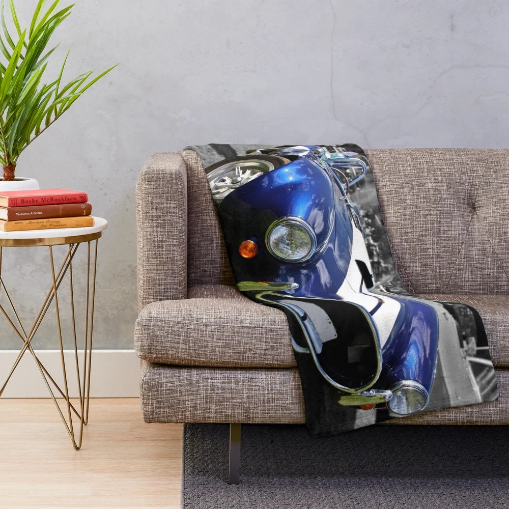 Blue plush blanket featuring the iconic AC Cobra sports car