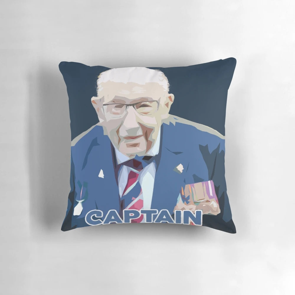 Captain Tom Moore memorial pillow, featuring a photo of the inspirational British war veteran and charity fundraiser.