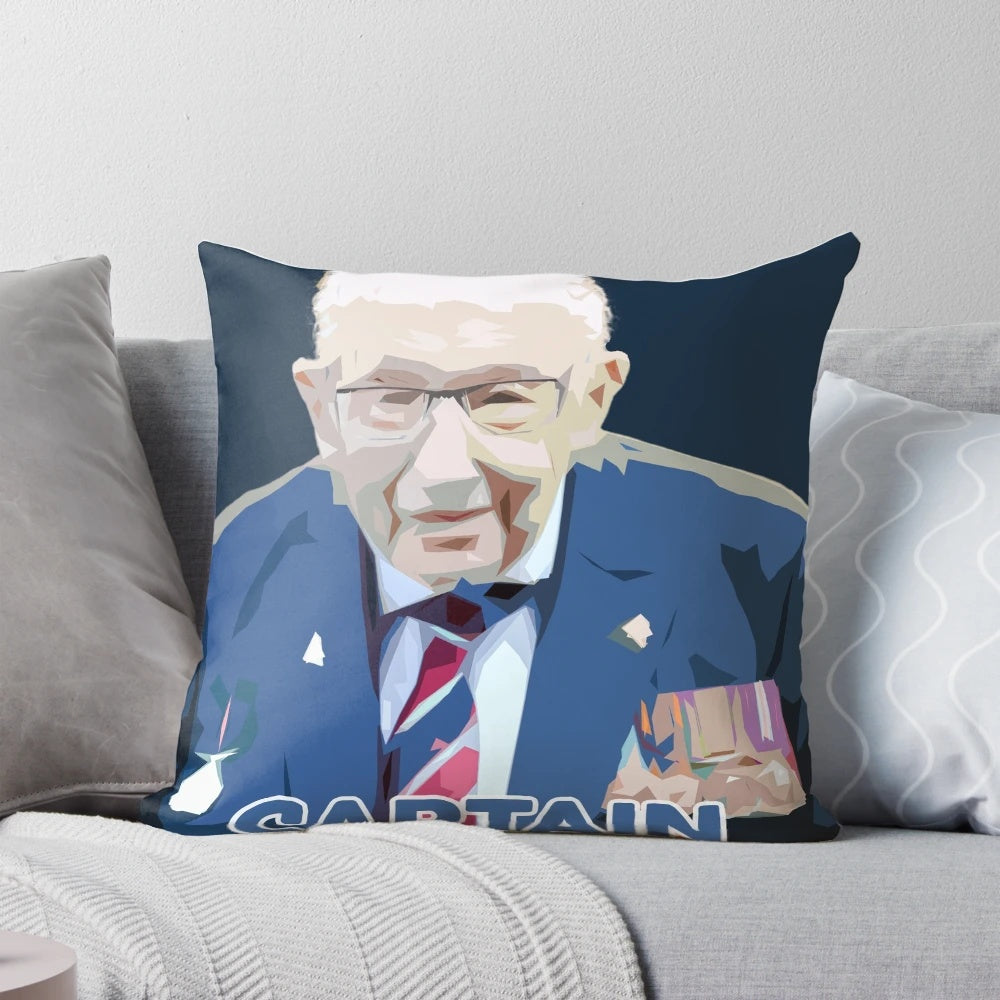 Captain Tom Moore memorial pillow, featuring a photo of the inspirational British war veteran and charity fundraiser.