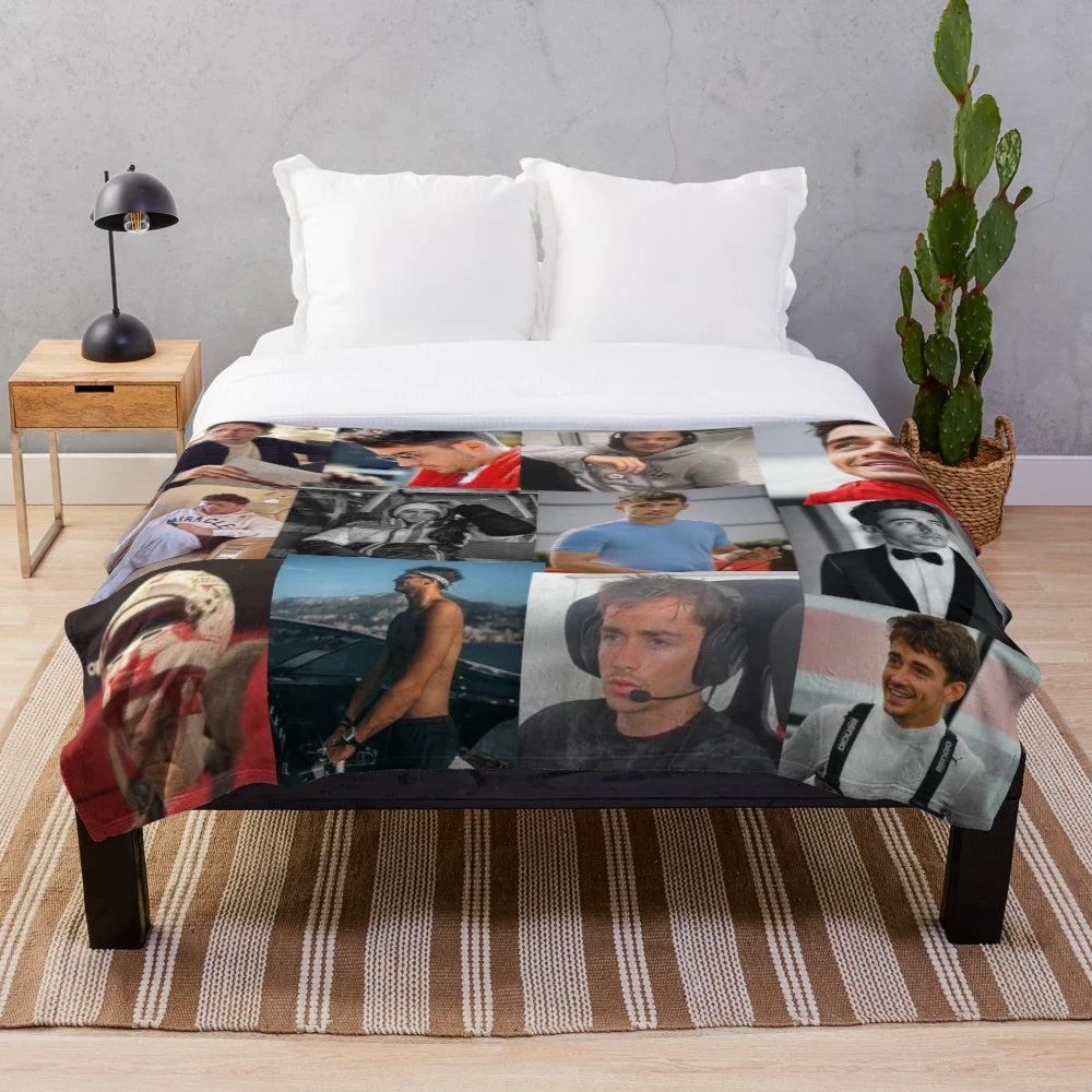 Soft and cozy plush blanket featuring a collage of Charles Leclerc fan art