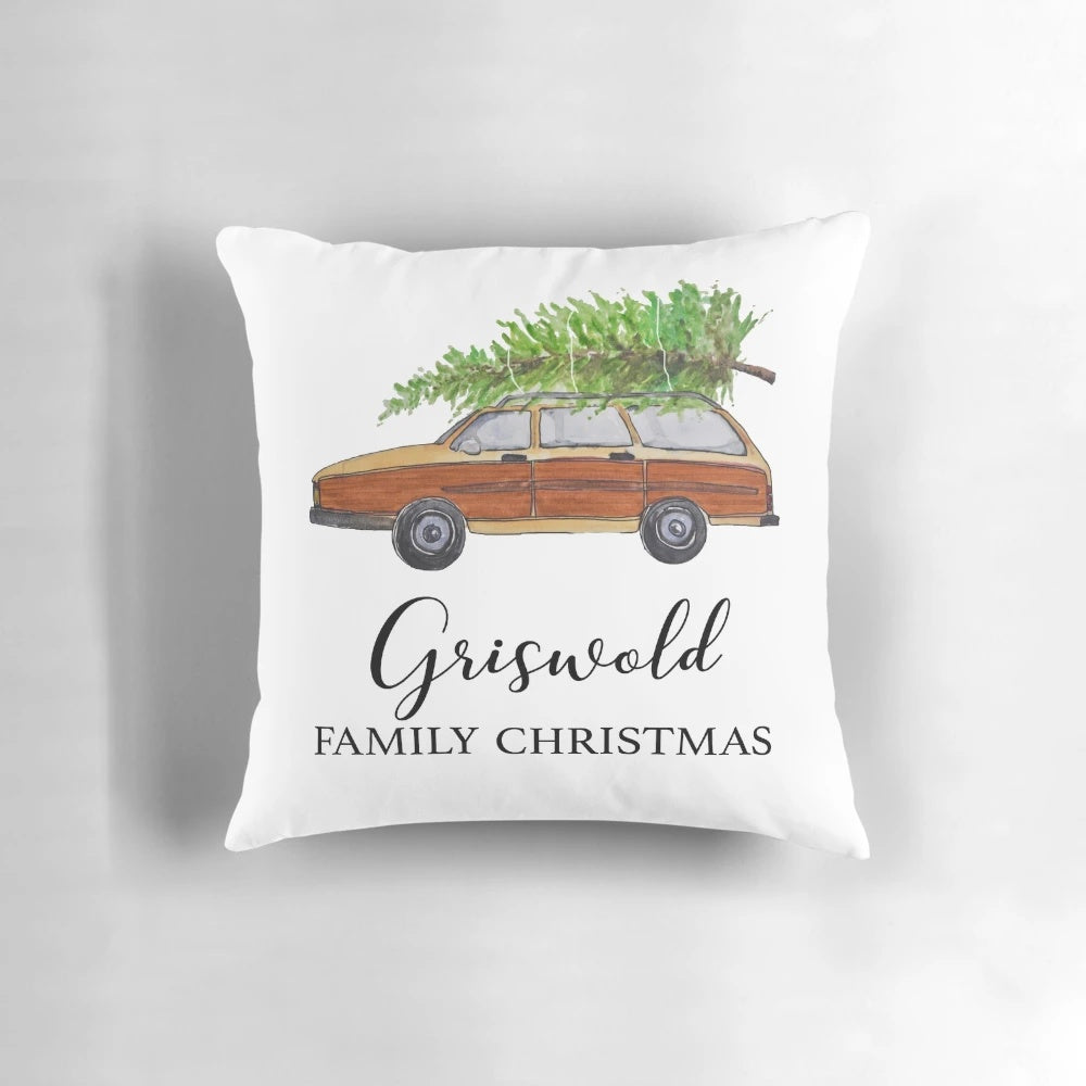 Commemorative Christmas Vacation pillow with Griswold family station wagon and Christmas tree