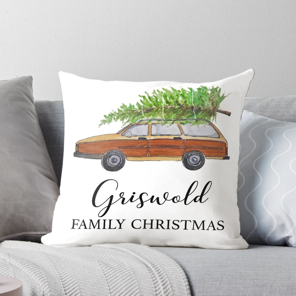 Commemorative Christmas Vacation pillow with Griswold family station wagon and Christmas tree