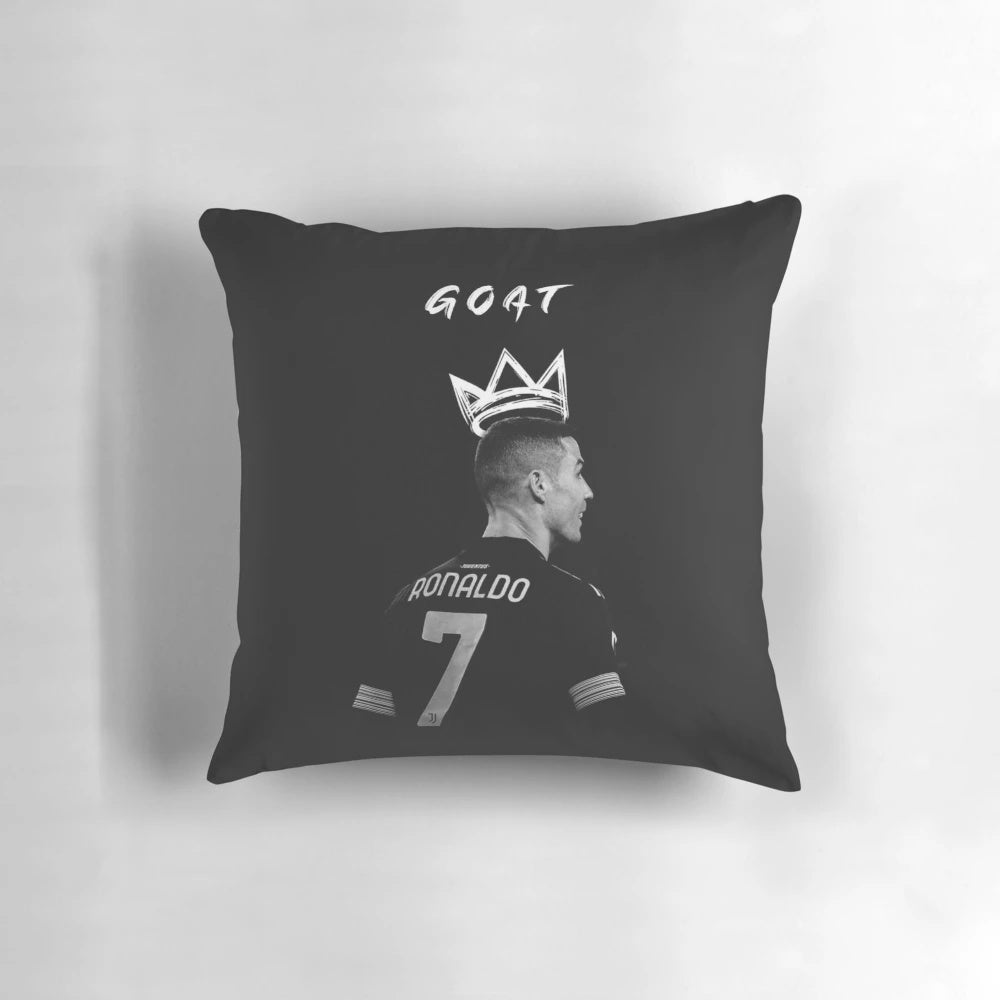 A black and white pillow featuring the iconic image of Cristiano Ronaldo, the celebrated football/soccer player.