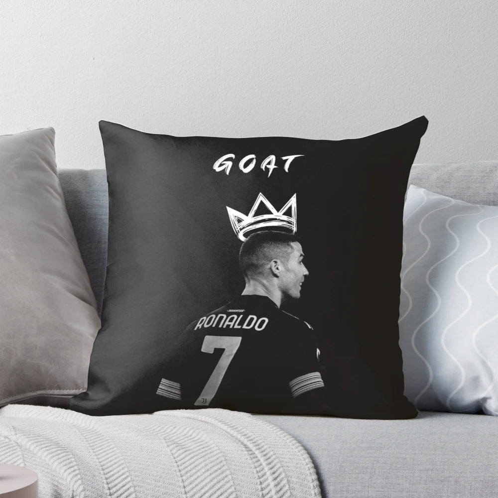 A black and white pillow featuring the iconic image of Cristiano Ronaldo, the celebrated football/soccer player.