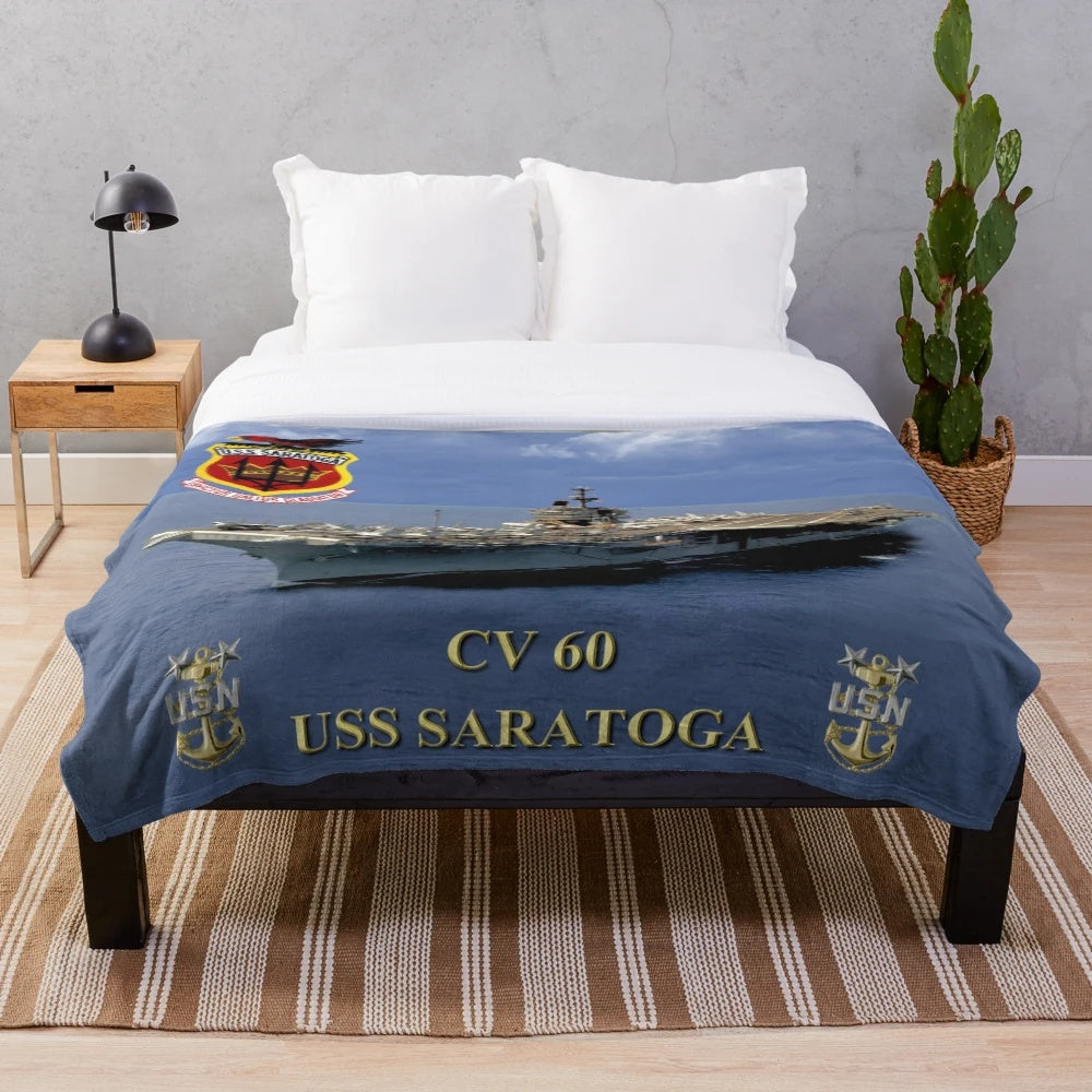 CV-60 USS Saratoga plush blanket featuring the aircraft carrier design
