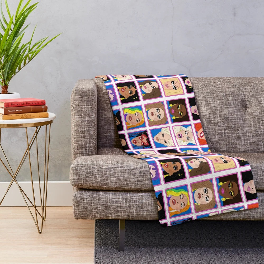 Colorful plush blanket featuring the winners of RuPaul's Drag Race