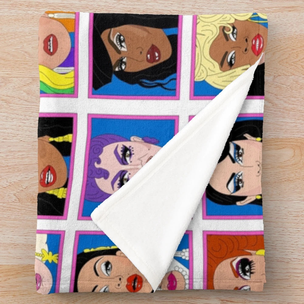 Colorful plush blanket featuring the winners of RuPaul's Drag Race