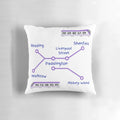A plush, decorative pillow featuring the Elizabeth Line purple train route map of London's Tube and National Rail network.