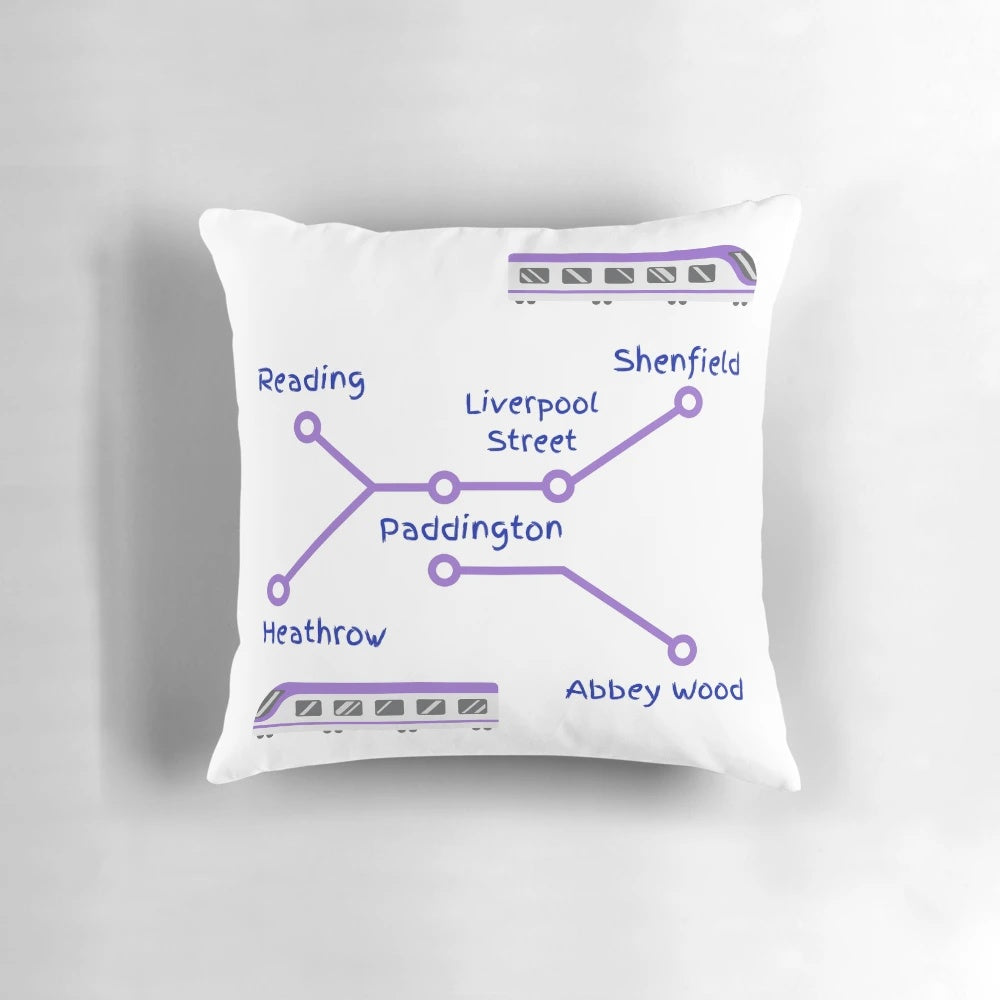 A plush, decorative pillow featuring the Elizabeth Line purple train route map of London's Tube and National Rail network.