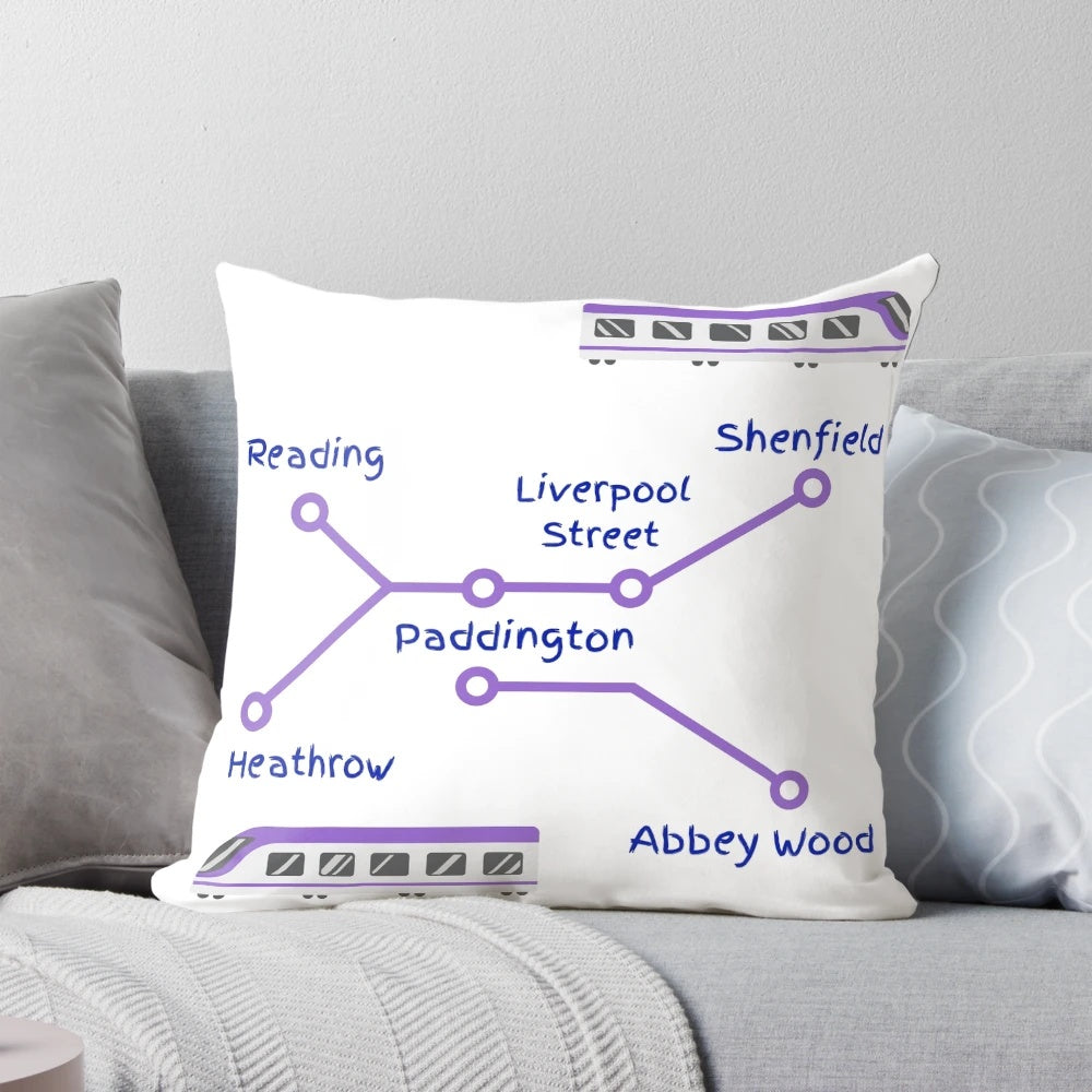 A plush, decorative pillow featuring the Elizabeth Line purple train route map of London's Tube and National Rail network.