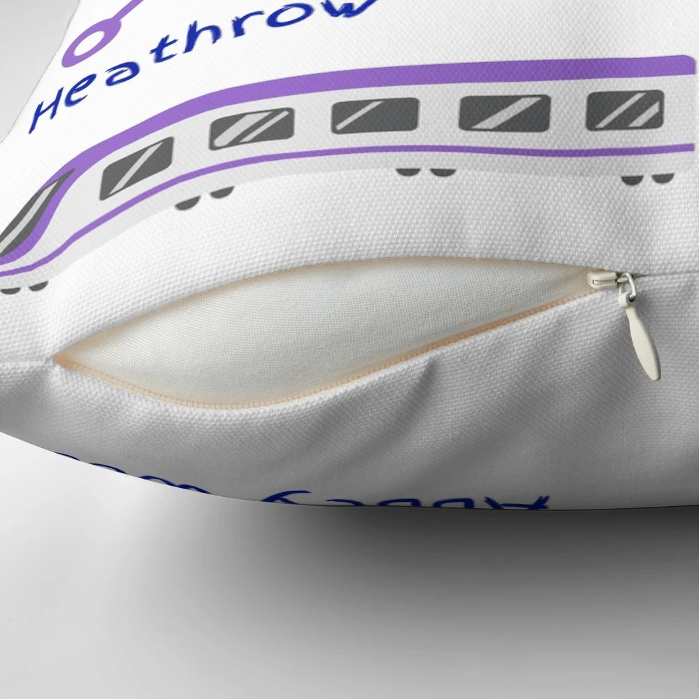A plush, decorative pillow featuring the Elizabeth Line purple train route map of London's Tube and National Rail network.