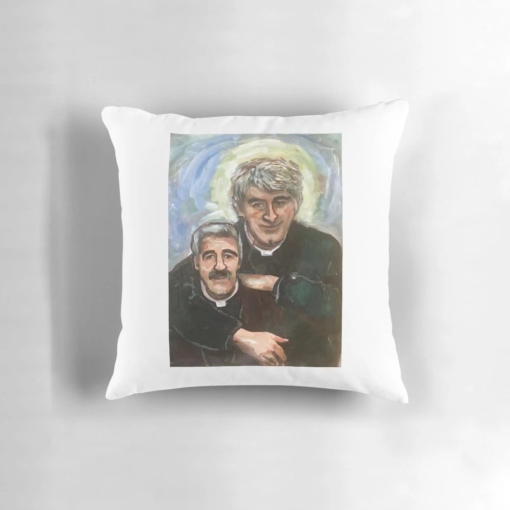 Portrait illustration of Father Ted character on a decorative pillow