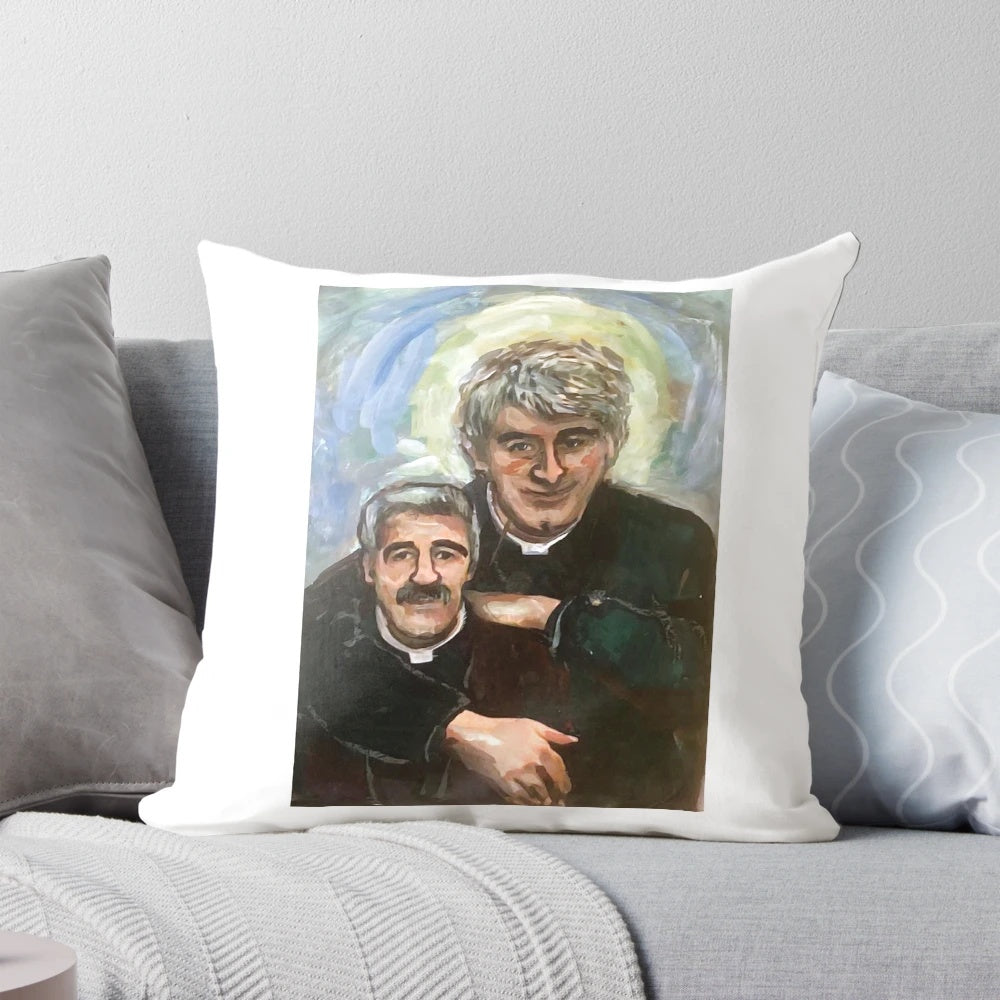 Portrait illustration of Father Ted character on a decorative pillow