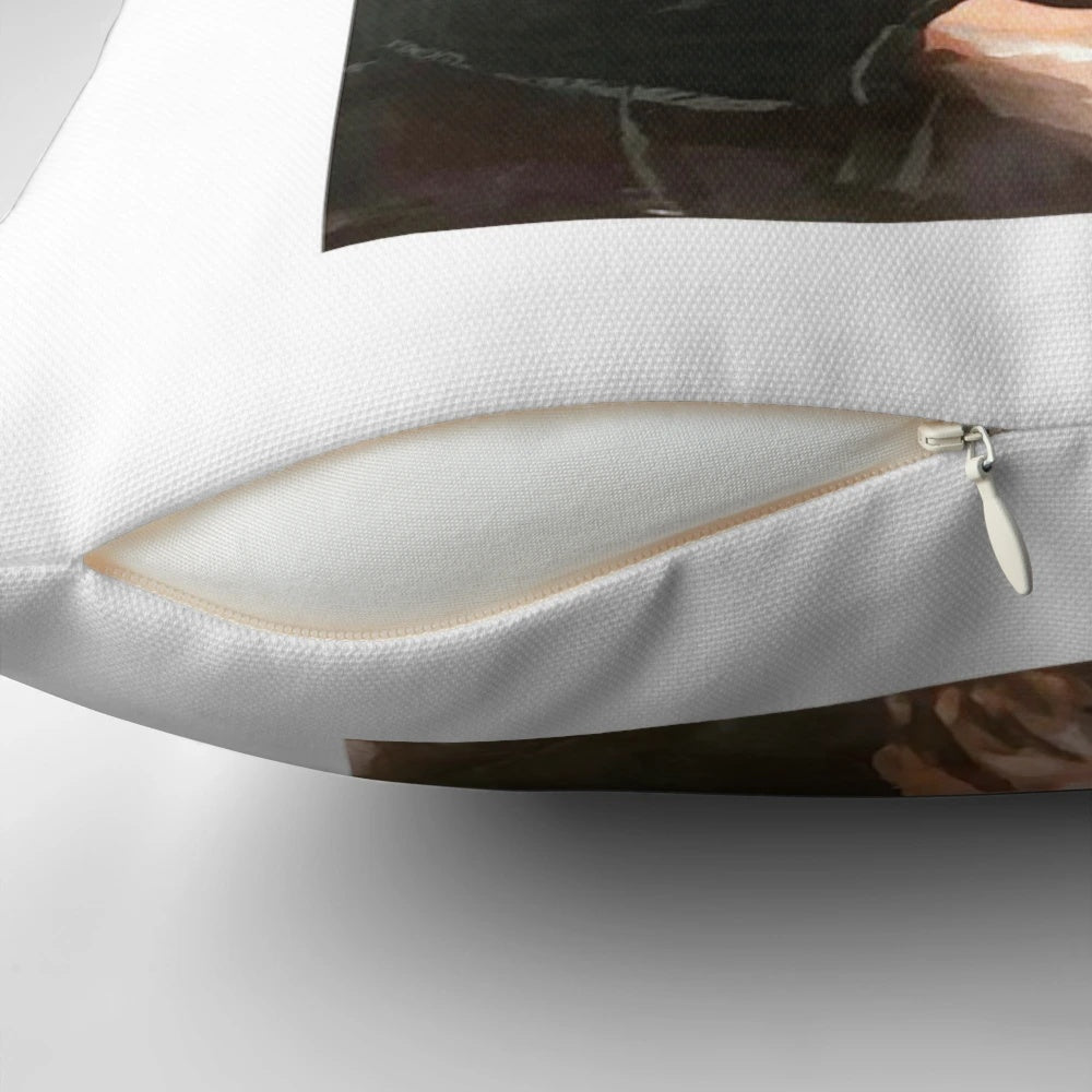 Portrait illustration of Father Ted character on a decorative pillow