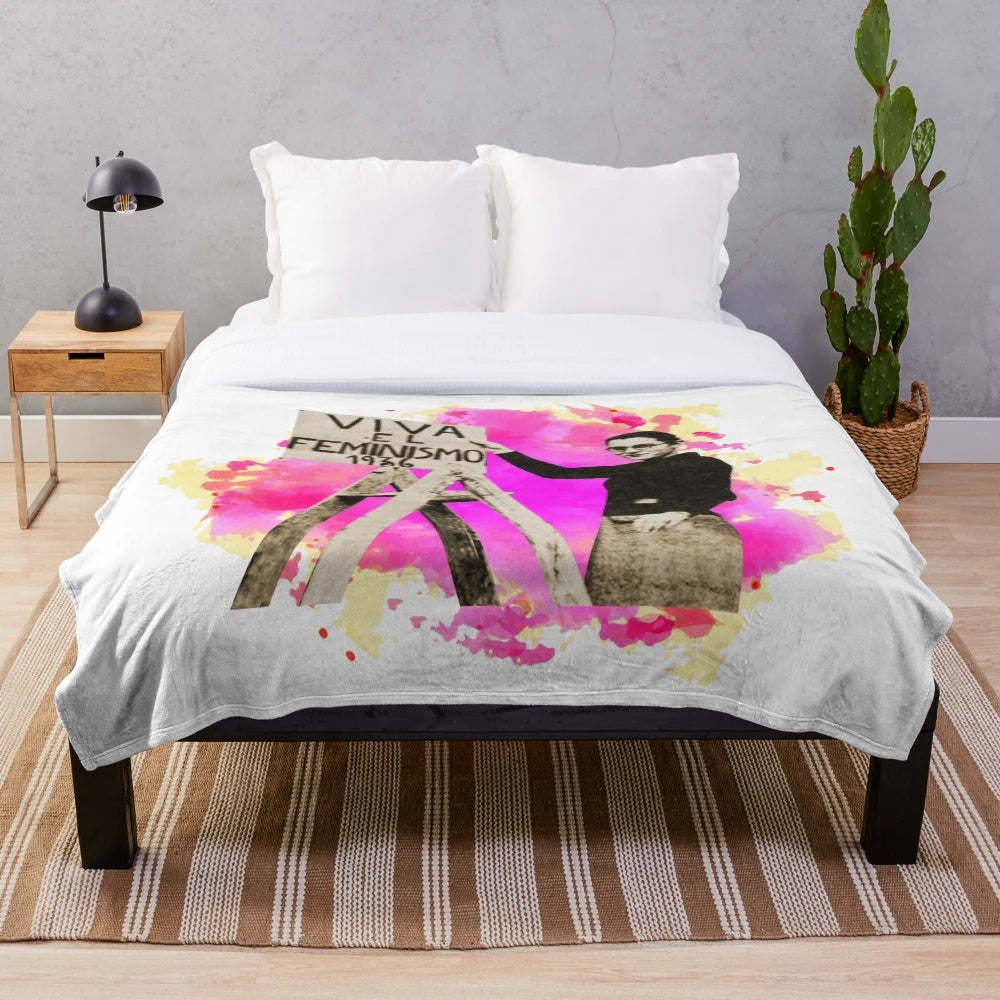 Plush blanket featuring feminist symbols and imagery from the Spanish Civil War