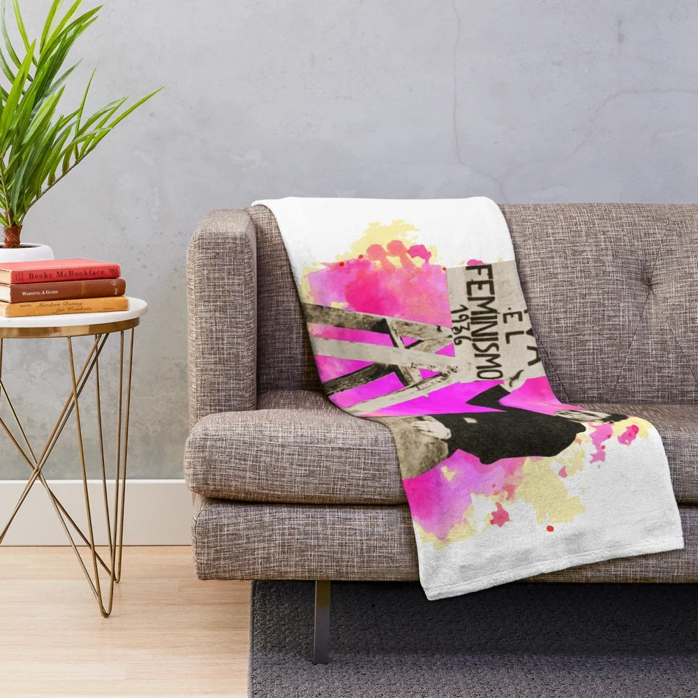 Plush blanket featuring feminist symbols and imagery from the Spanish Civil War
