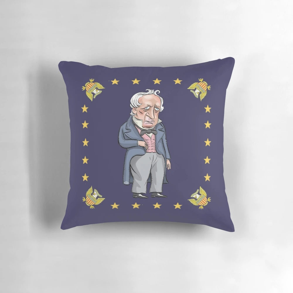 A plush pillow featuring a caricature portrait of President James Buchanan, a key figure in US political history.