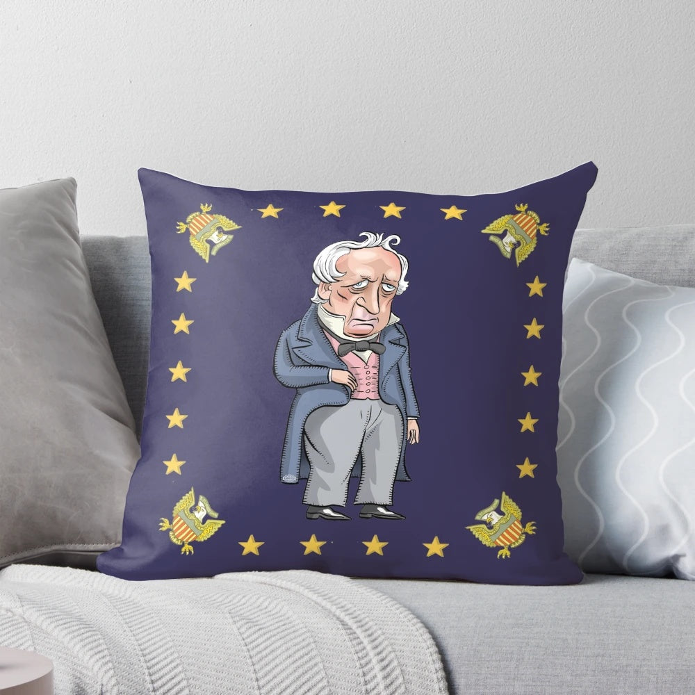 A plush pillow featuring a caricature portrait of President James Buchanan, a key figure in US political history.