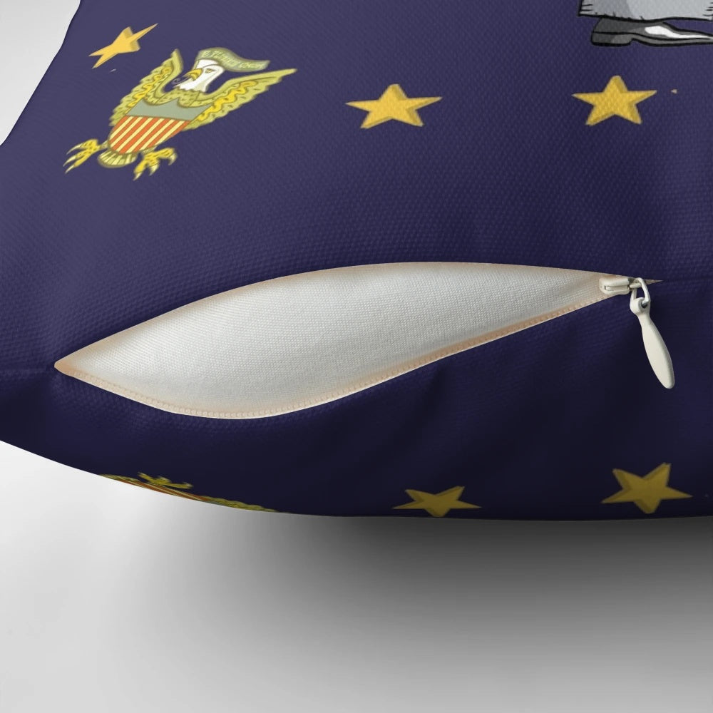 A plush pillow featuring a caricature portrait of President James Buchanan, a key figure in US political history.