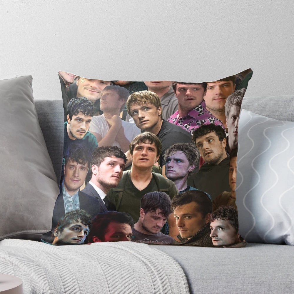 Josh Hutcherson photo collage pillow, featuring images of the actor from the Hunger Games movie franchise.