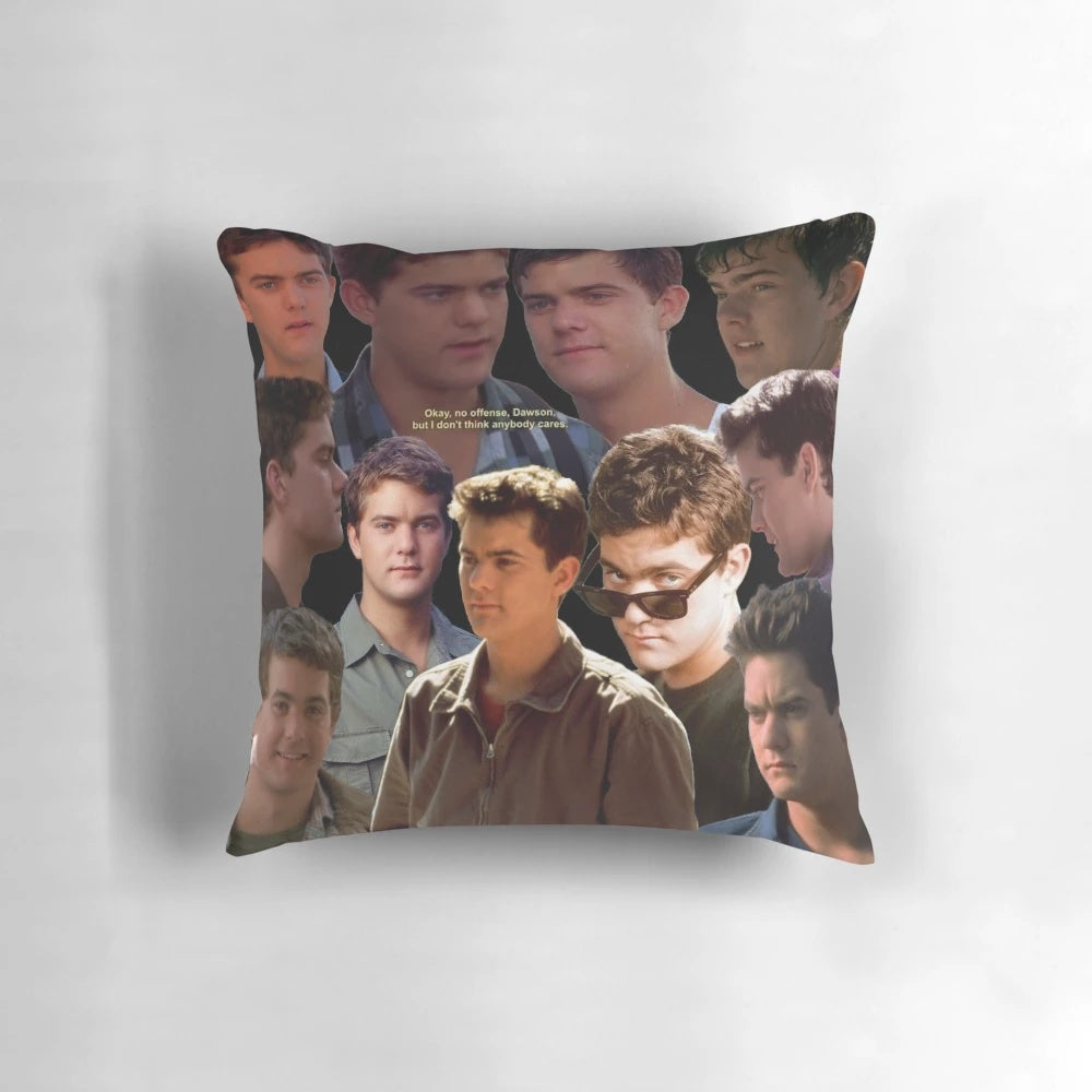 Colorful collage-style image of actor Joshua Jackson, known for his role as Pacey Witter on the TV series Dawson's Creek, printed on a soft, plush pillow.