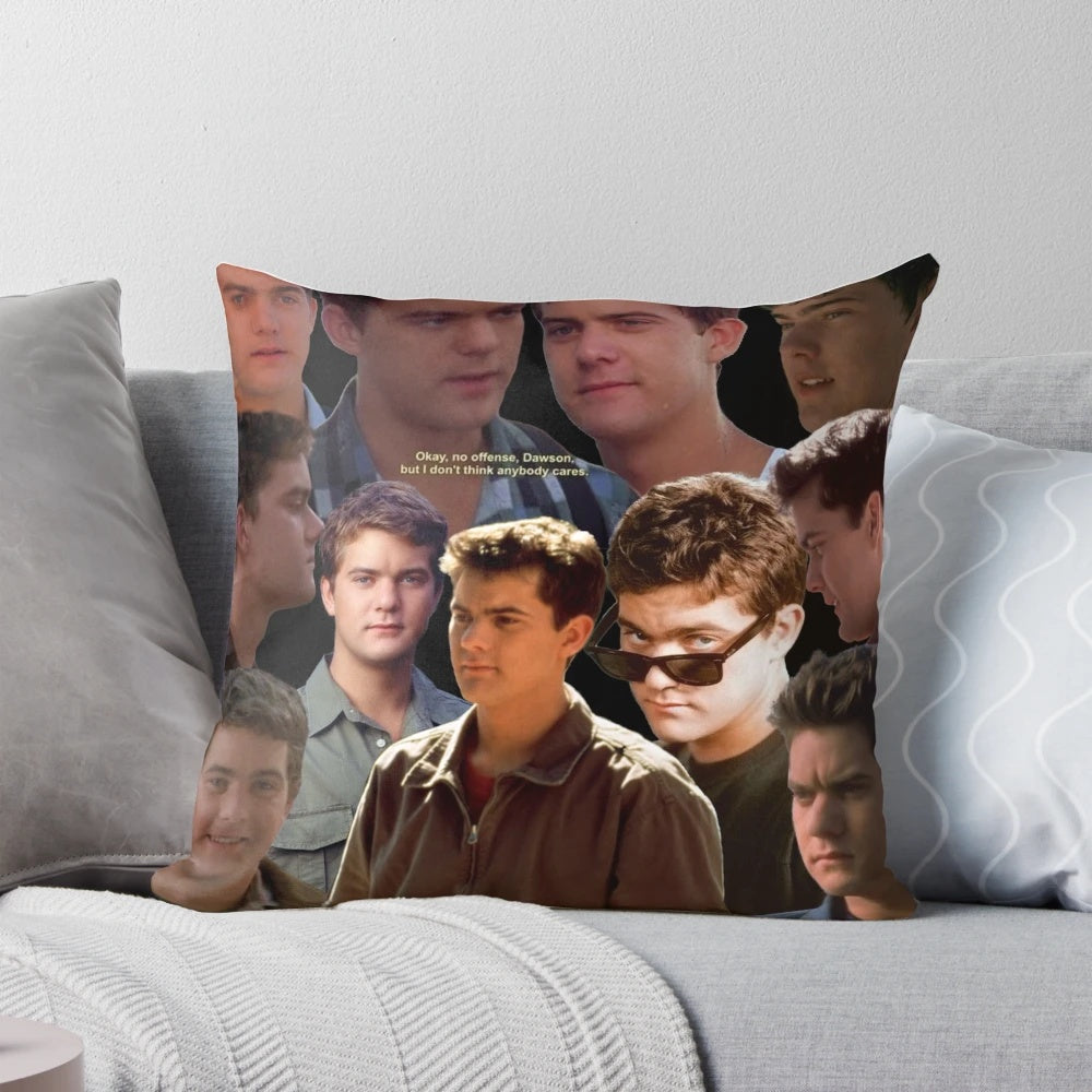 Colorful collage-style image of actor Joshua Jackson, known for his role as Pacey Witter on the TV series Dawson's Creek, printed on a soft, plush pillow.