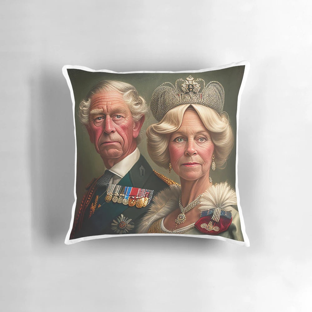 Decorative pillow featuring portraits of King Charles III and Queen Camila of the United Kingdom