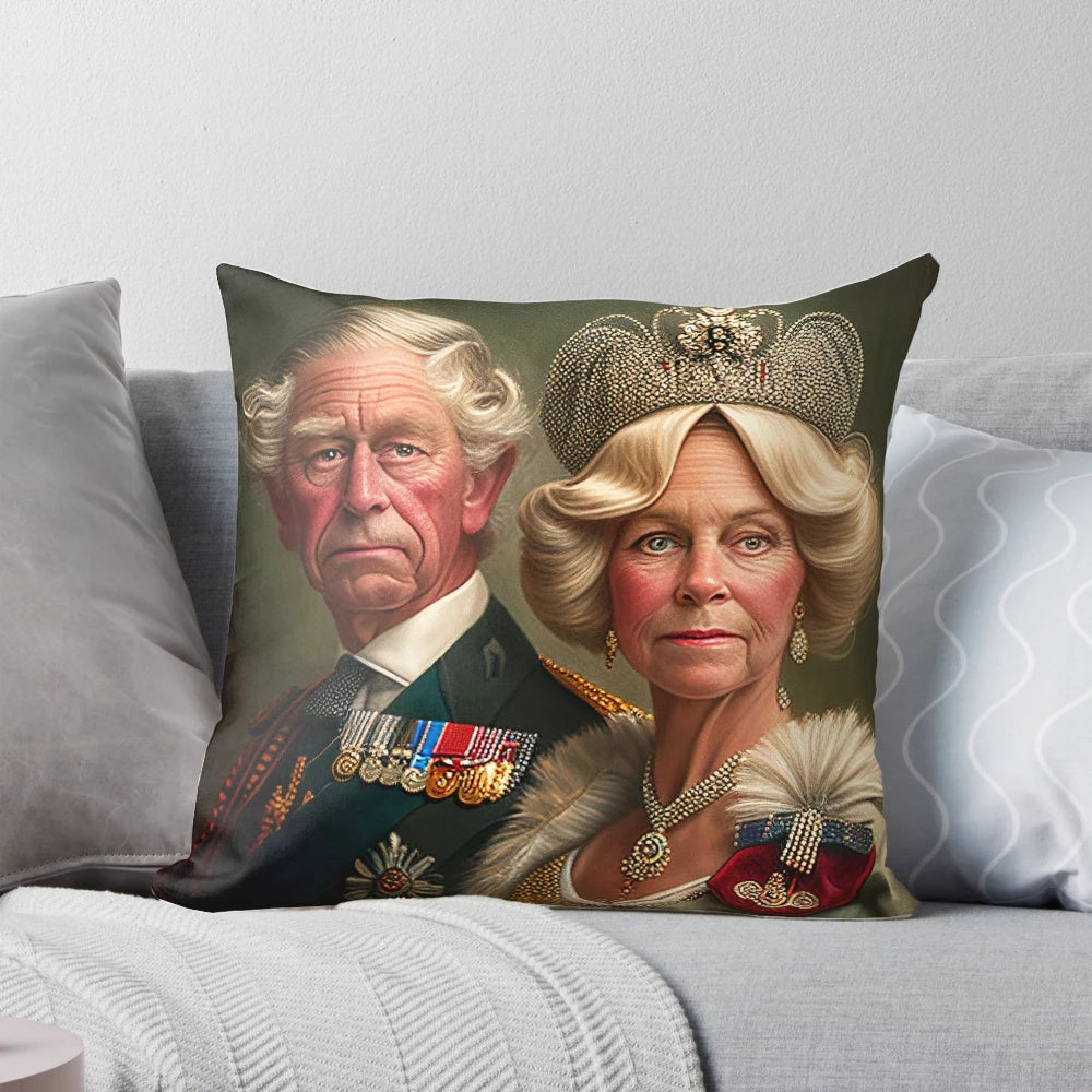 Decorative pillow featuring portraits of King Charles III and Queen Camila of the United Kingdom