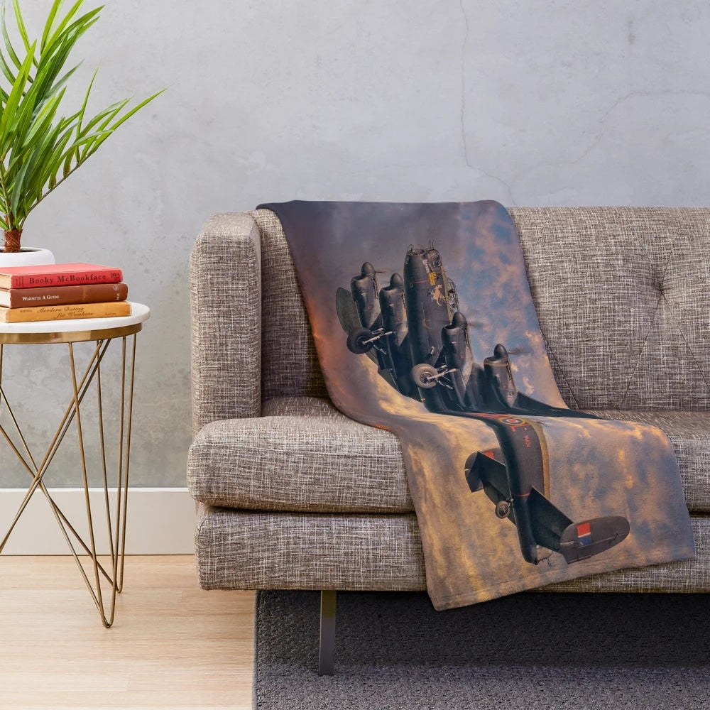 Lancaster Bomber plush blanket depicting the iconic WWII aircraft