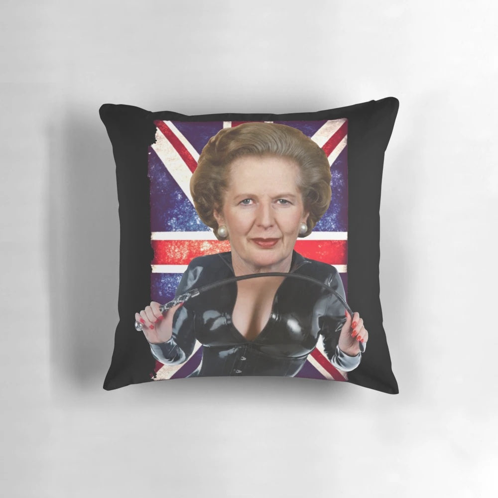 Decorative pillow featuring an image of former British Prime Minister Margaret Thatcher, the "Iron Lady"