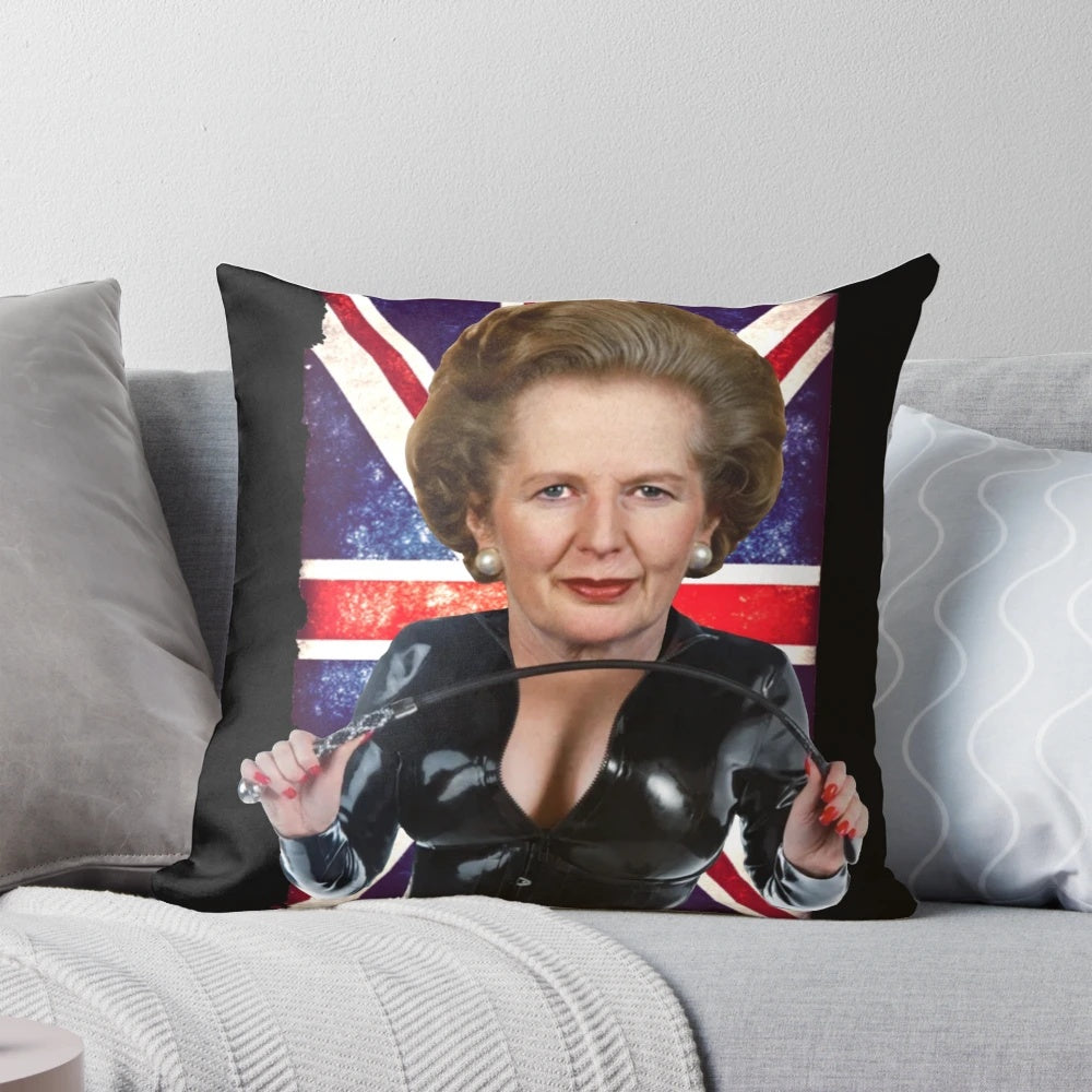 Decorative pillow featuring an image of former British Prime Minister Margaret Thatcher, the "Iron Lady"