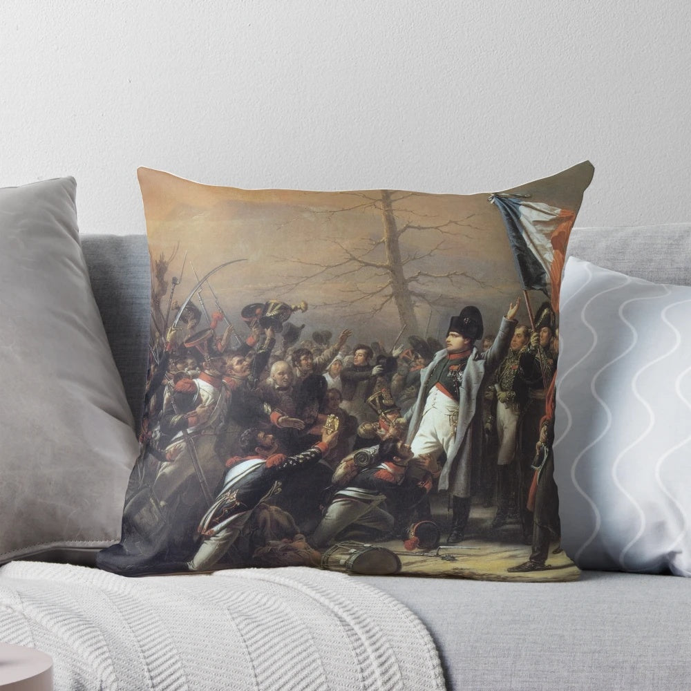 Decorative pillow featuring Napoleon's triumphant return from exile on the island of Elba during the Napoleonic Wars.