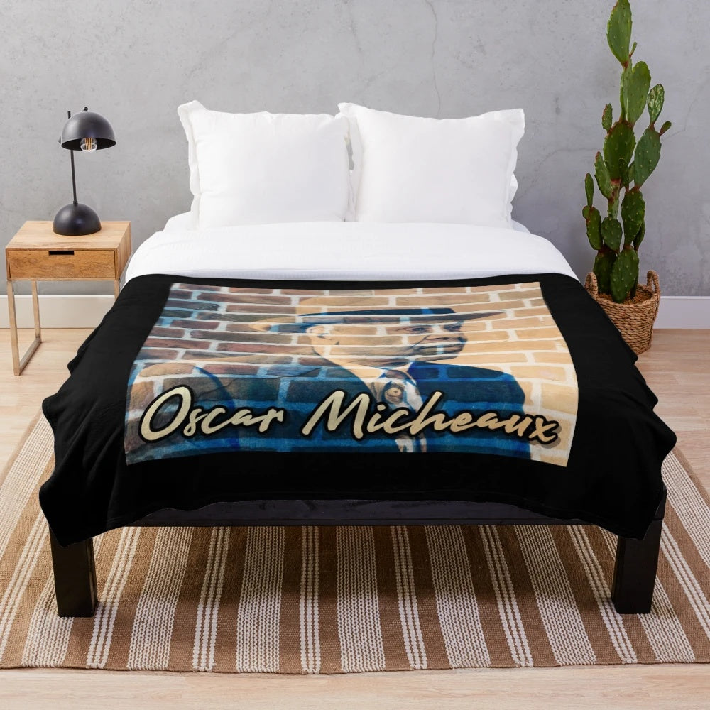 Black and white plush blanket featuring silent film director Oscar Micheaux