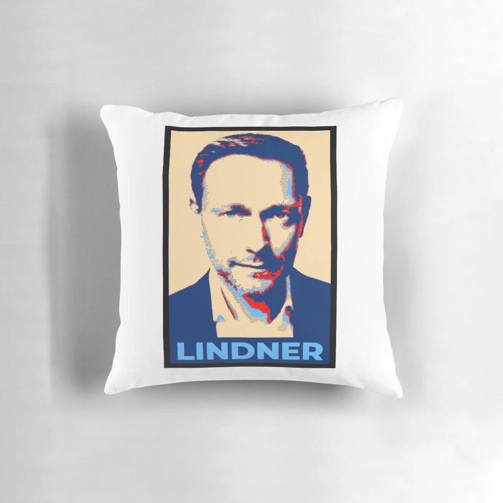 Pillow featuring an illustration of Christian Lindner, the German Finance Minister