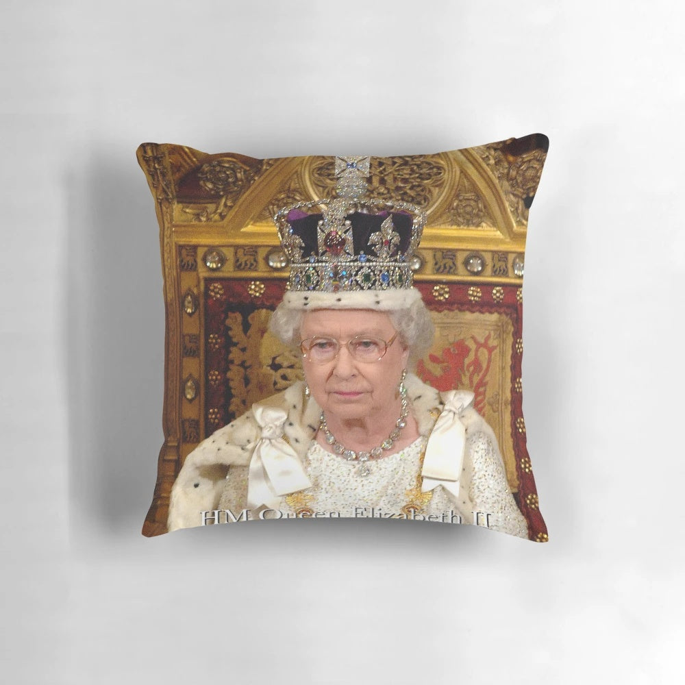 Decorative pillow featuring a high-quality photograph of Queen Elizabeth II at the State Opening of Parliament