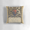 Decorative pillow featuring the coronation program of Queen Elizabeth II with floral and heraldic elements.
