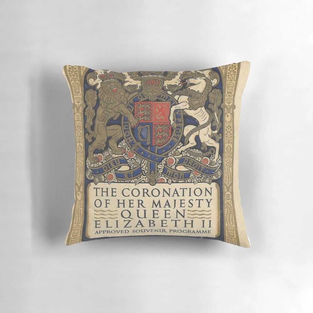 Decorative pillow featuring the coronation program of Queen Elizabeth II with floral and heraldic elements.