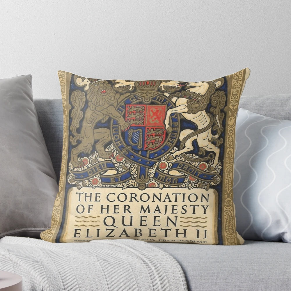 Decorative pillow featuring the coronation program of Queen Elizabeth II with floral and heraldic elements.