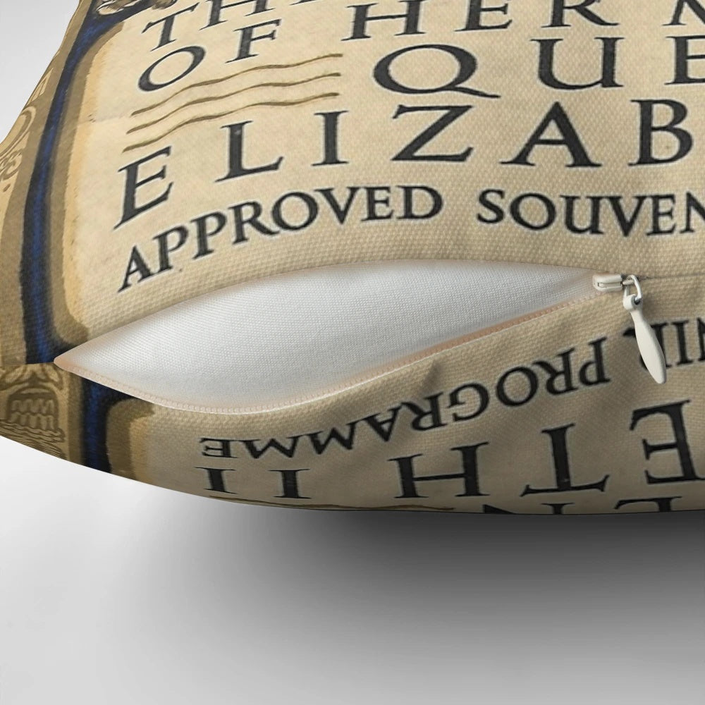 Decorative pillow featuring the coronation program of Queen Elizabeth II with floral and heraldic elements.