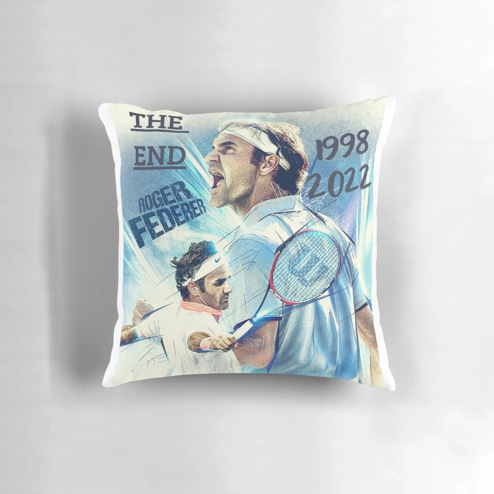 A soft, plush pillow featuring an illustration of tennis legend Roger Federer